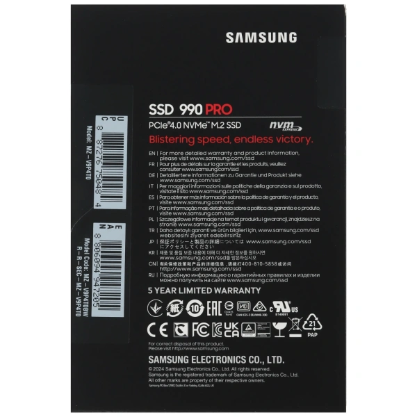 Купить 4000 гб m.2 nvme накопитель samsung 990 pro [mz-v9p4t0bw]