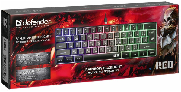 Проводная игровая клавиатура Defender Red GK-116 RU, радужная подсветка,61кнопка